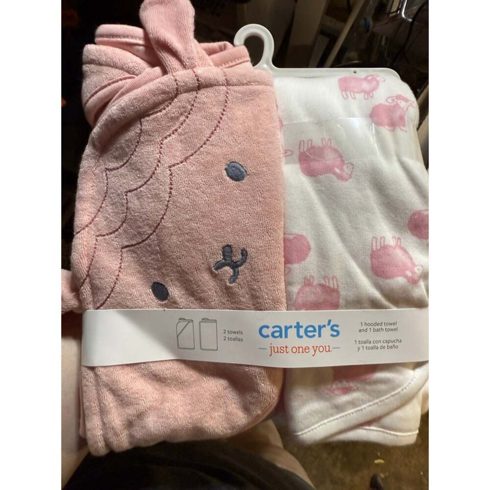 Baby Girl Carter's Pink White Sheep Hooded Bath Towel Set One Size